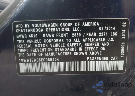 2014 Volkswagen Passat 1.8T Wolfsburg Edition from USA, damaged, VIN 1VWAT7A35EC089404